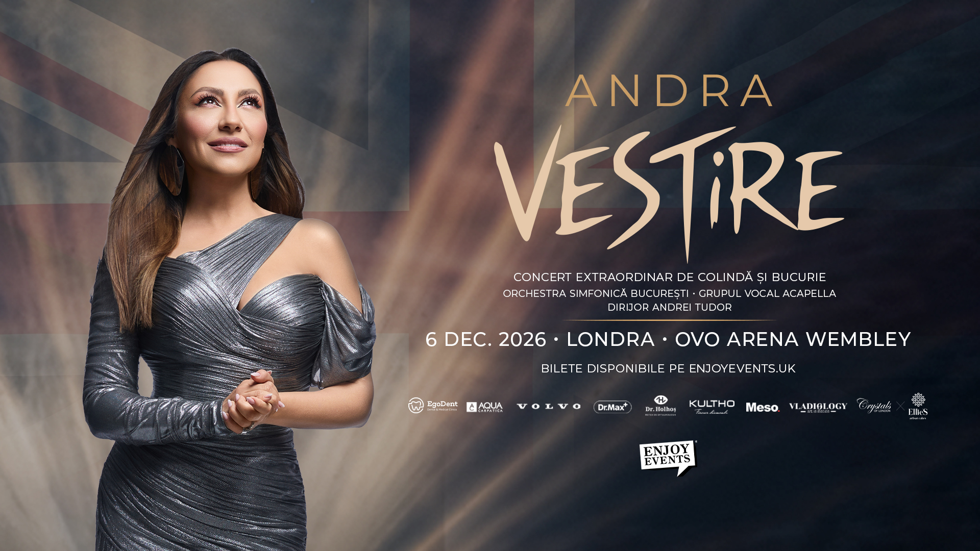 Andra — Vestire, OVO Arena Wembley, 6 decembrie 2026 — Andra aduce Vestire, extraordinarul ei concert de colinde, la OVO Arena Wembley pe 6 decembrie 2026, alături de Orchestra Simfonică București.